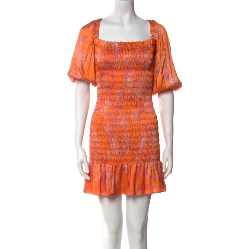 Alexis Orange Puff-Sleeve Smocked Mini Dress
